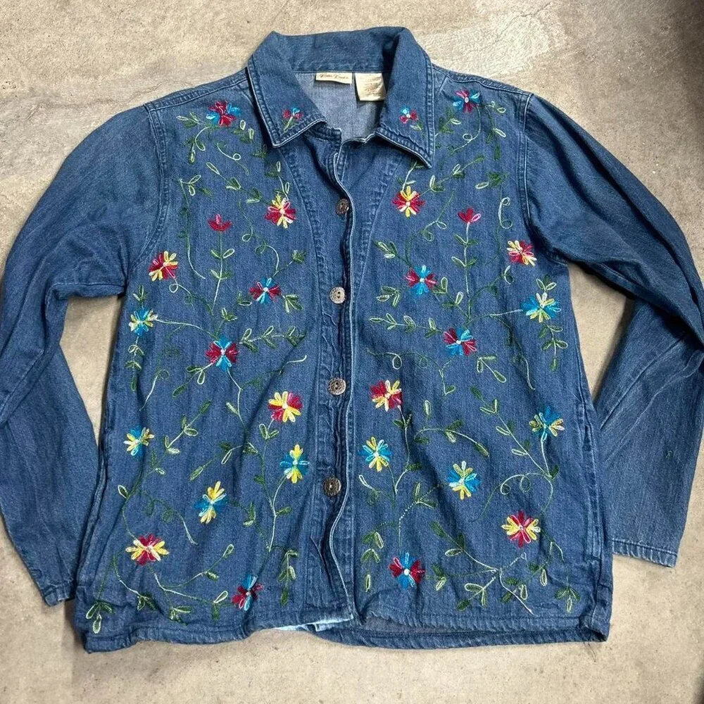 Vintage Bobbie Brooks Embroidered Floral Blue Jean Denim Jacket  Women’s Size M